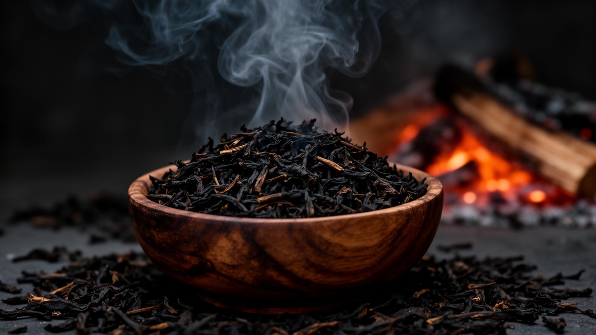 Lapsang Souchong loose-leaf smoked black tea in a wooden bowl with smoke rising over a smouldering pinewood fire